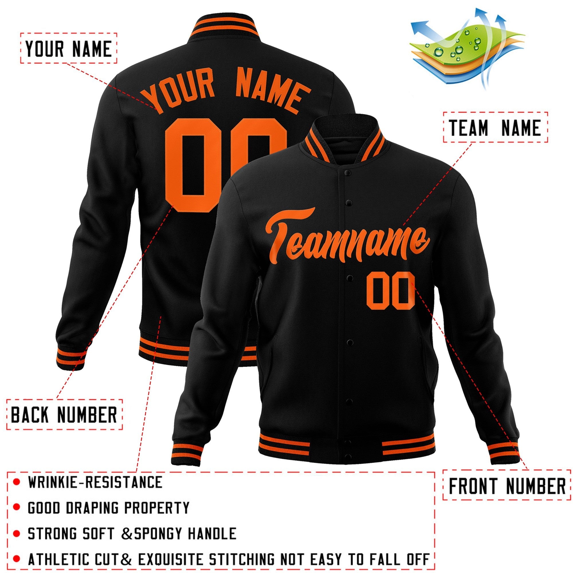 Custom Black Orange Classic Style Varsity Full-Snap Letterman Jacket