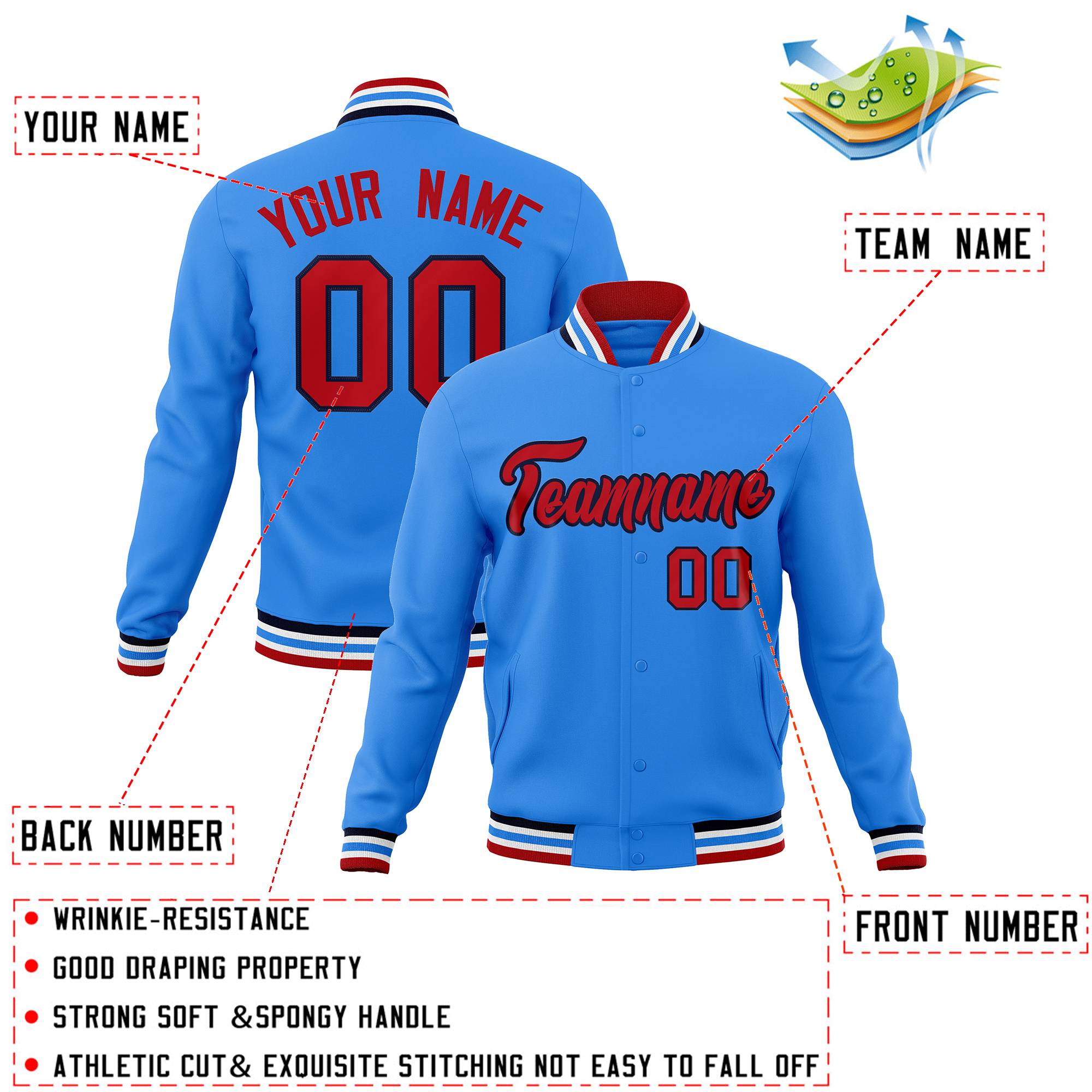 Custom Powder Blue Red-Navy Classic Style Varsity Full-Snap Letterman Jacket