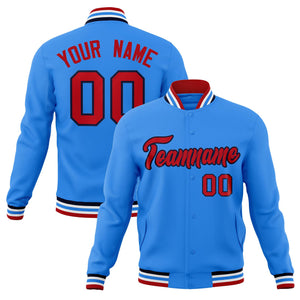 Custom Powder Blue Red-Navy Classic Style Varsity Full-Snap Letterman Jacket