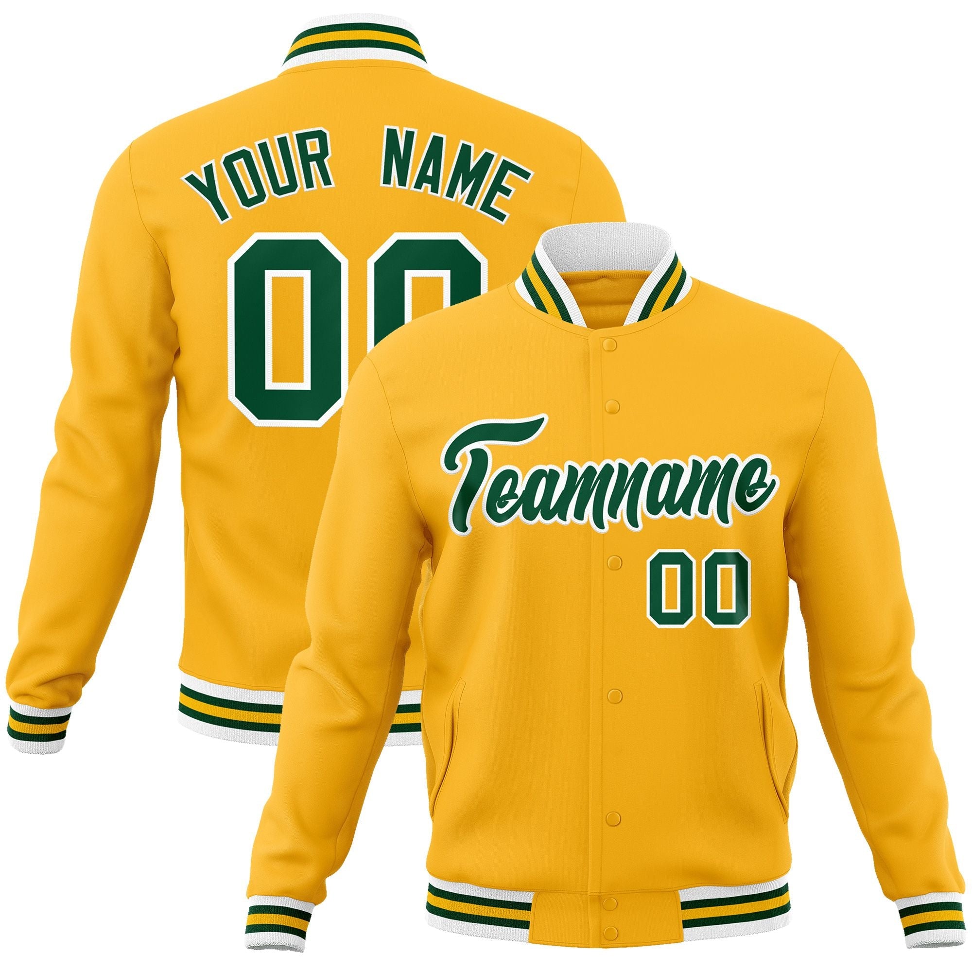 Custom Gold Green-White Classic Style Varsity Full-Snap Letterman Jacket