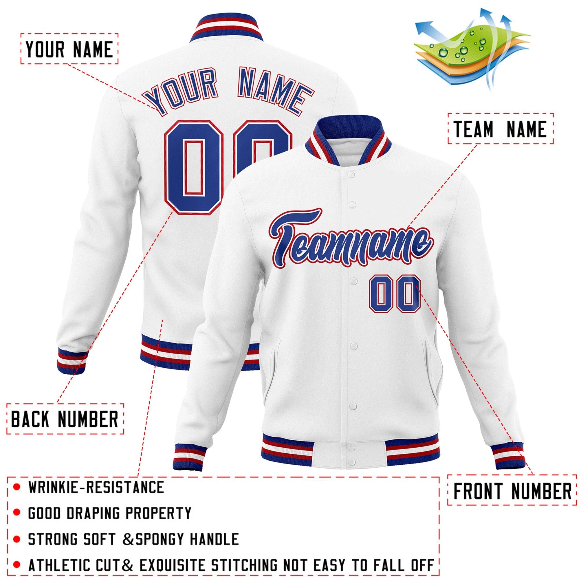 Custom White Royal-White Classic Style Varsity Full-Snap Letterman Jacket