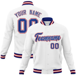 Custom White Royal-White Classic Style Varsity Full-Snap Letterman Jacket