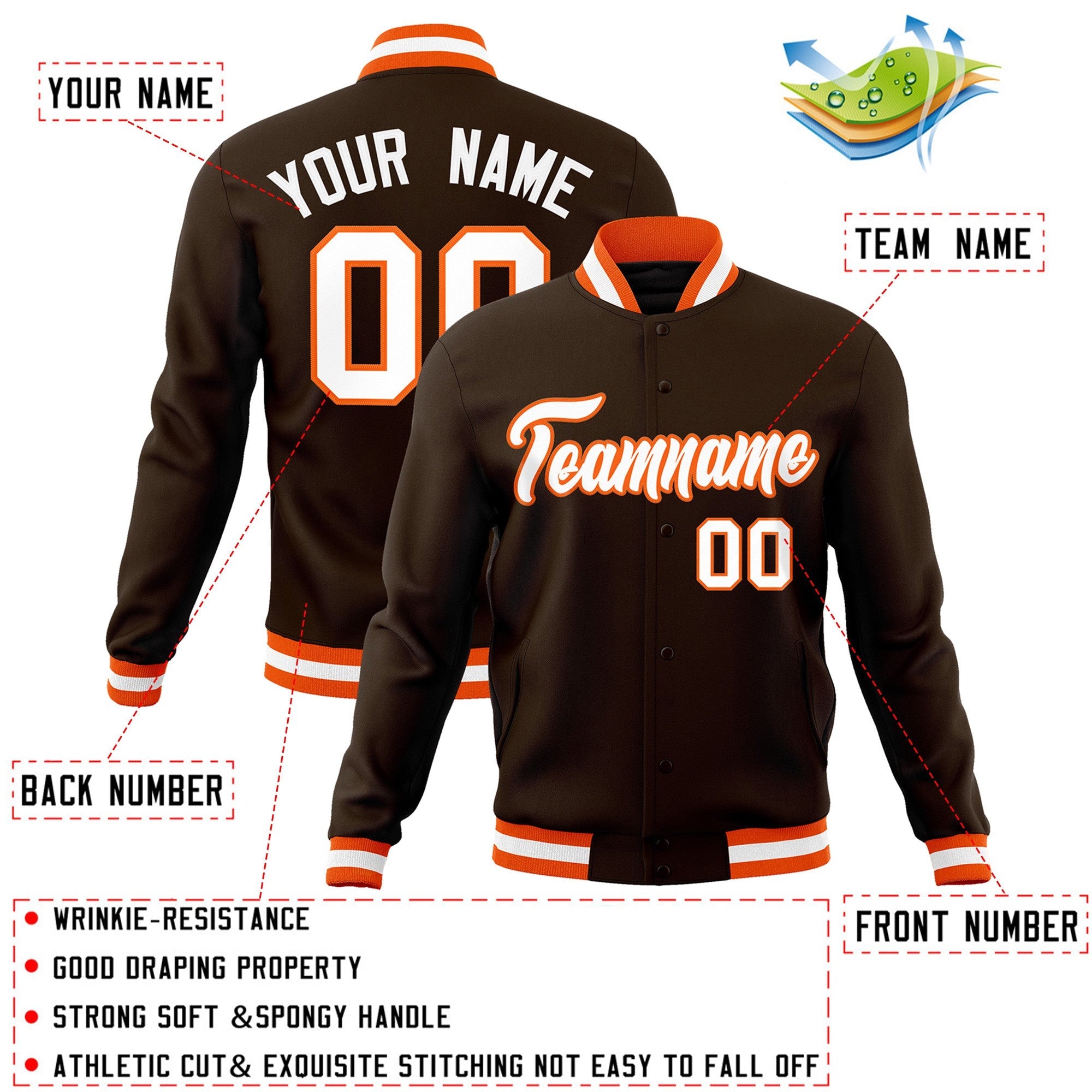 Custom Brown White-Orange Classic Style Varsity Full-Snap Letterman Jacket