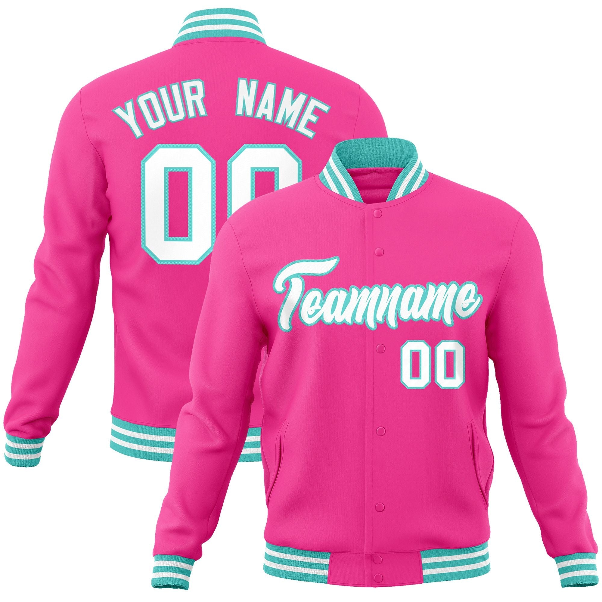 Custom Pink White-Aqua Classic Style Varsity Full-Snap Letterman Jacket