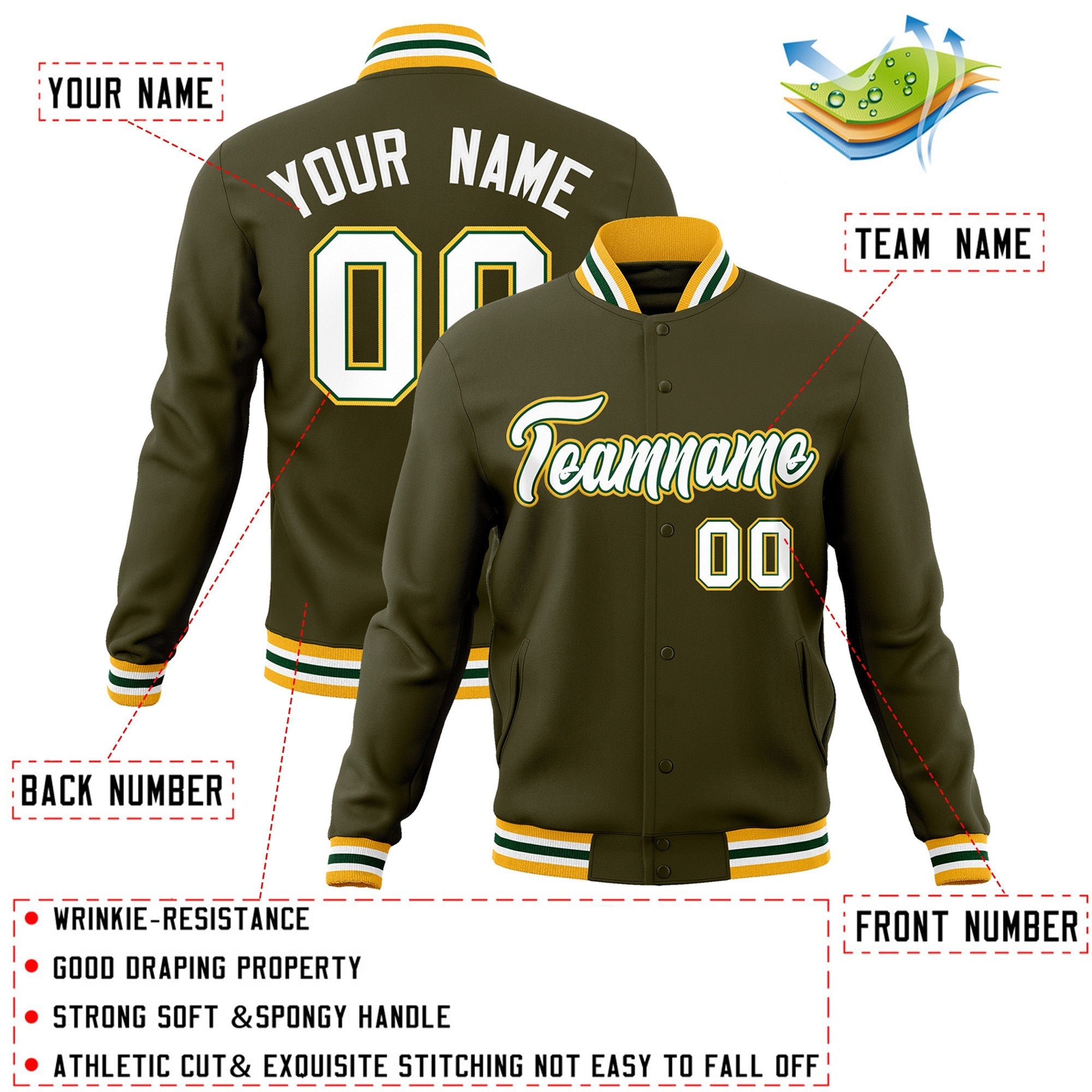 Custom Olive White-Green Classic Style Varsity Full-Snap Letterman Jacket