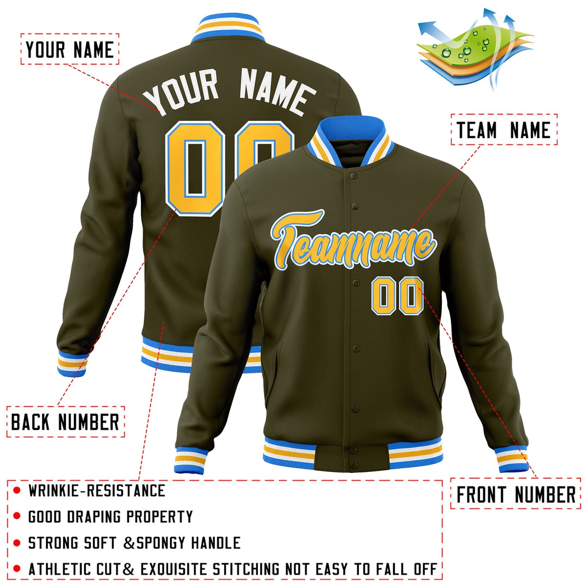 Custom Olive Yellow-Powder Blue Classic Style Varsity Full-Snap Letterman Jacket