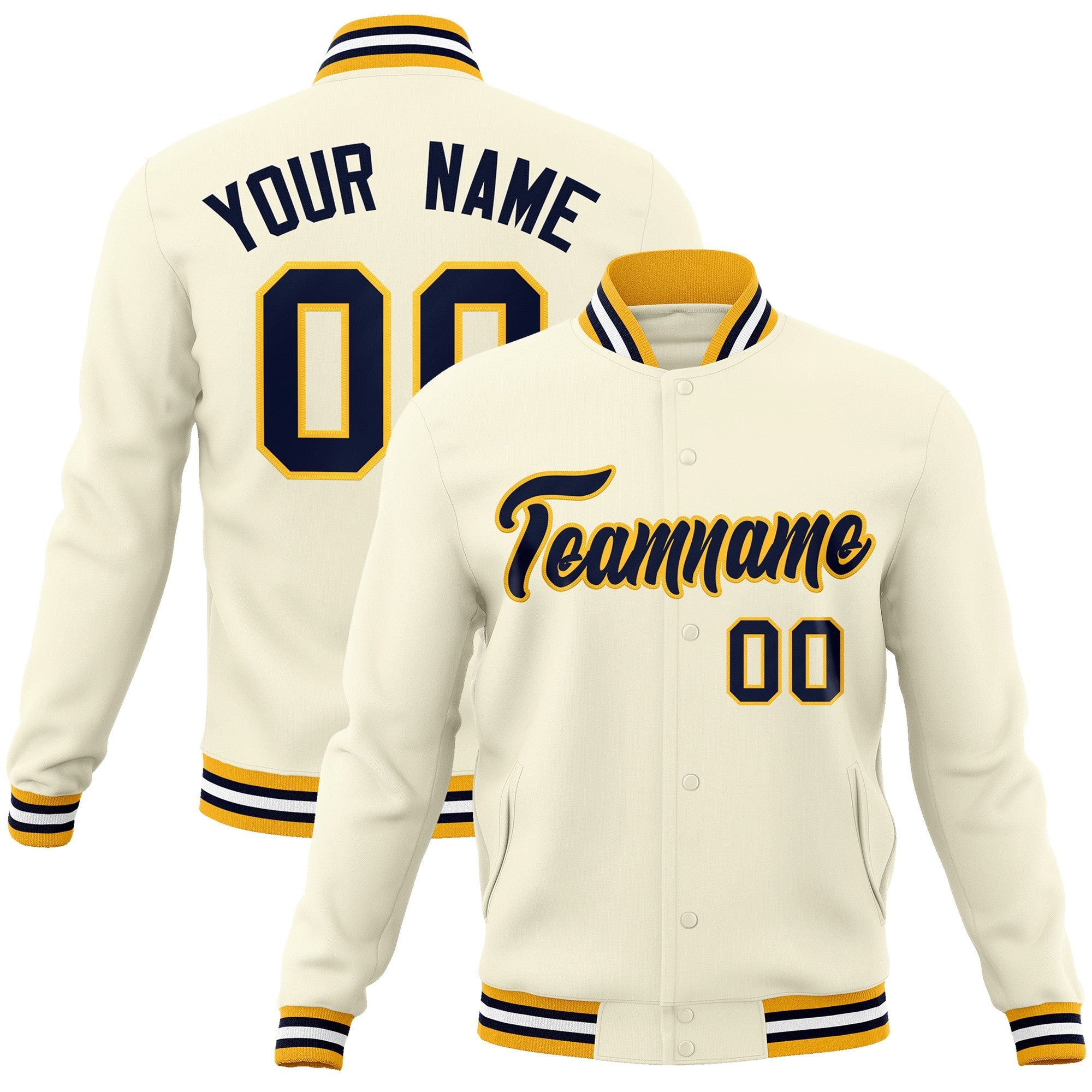 Custom Khaki Navy-Yellow Classic Style Varsity Full-Snap Letterman Jacket