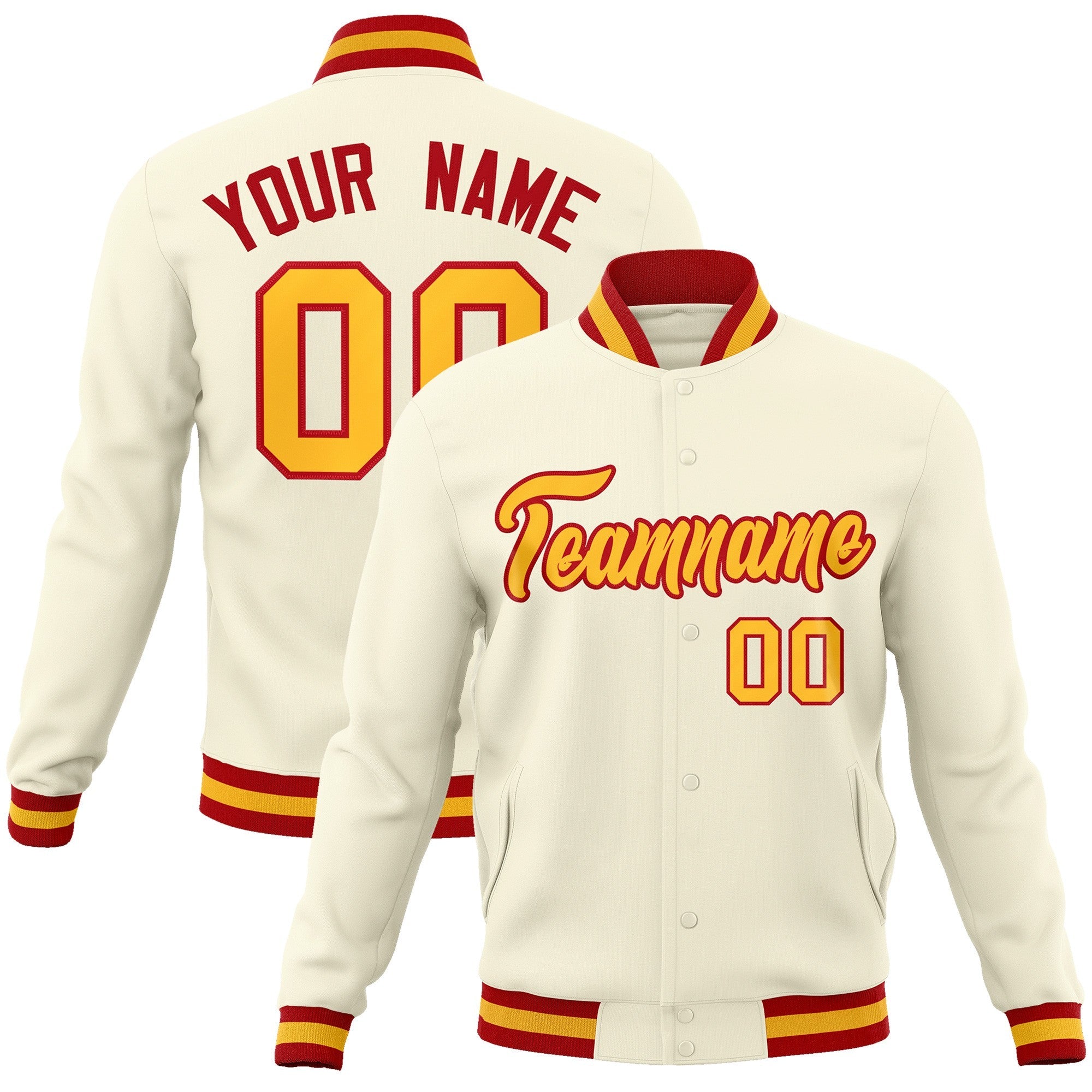 Custom Khaki Yellow-Red Classic Style Varsity Full-Snap Letterman Jacket