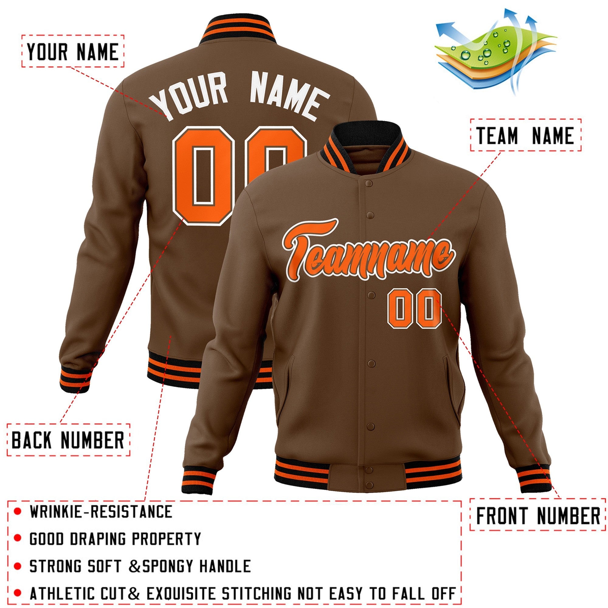 Custom Light Brown Orange-White Classic Style Varsity Full-Snap Letterman Jacket