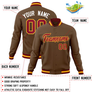 Custom Light Brown Crimson-Yellow Classic Style Varsity Full-Snap Letterman Jacket