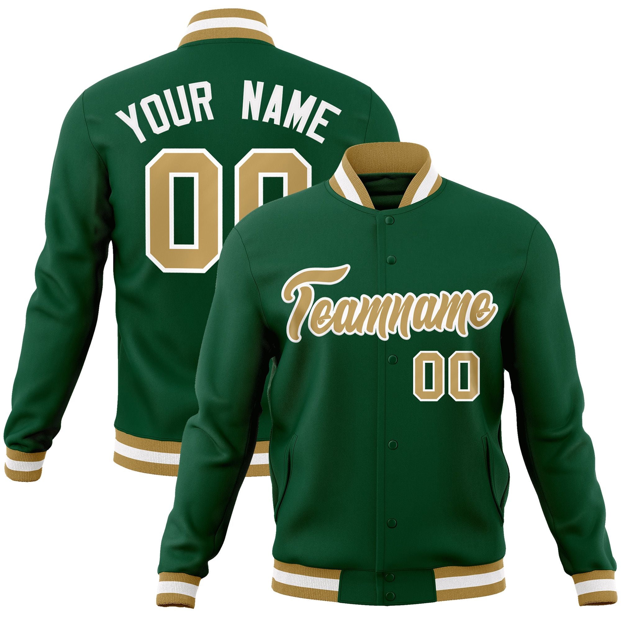 Custom Green Old Gold-White Classic Style Varsity Full-Snap Letterman Jacket