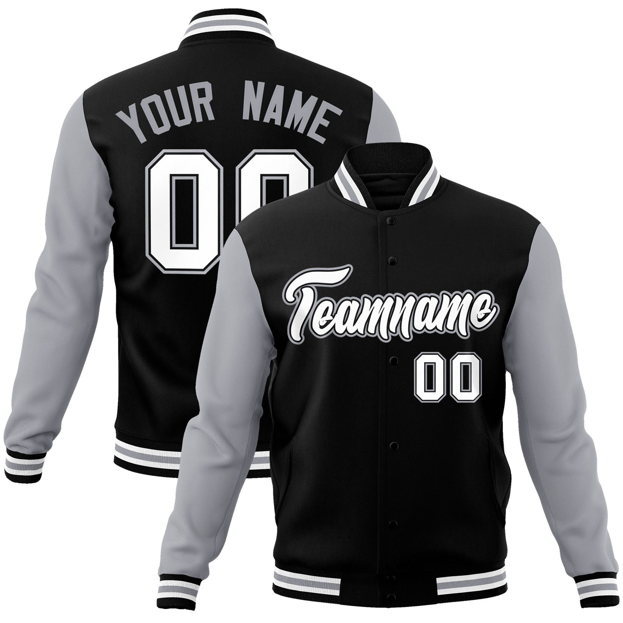 Custom Black White-Black Raglan Sleeves Varsity Full-Snap Letterman Jacket