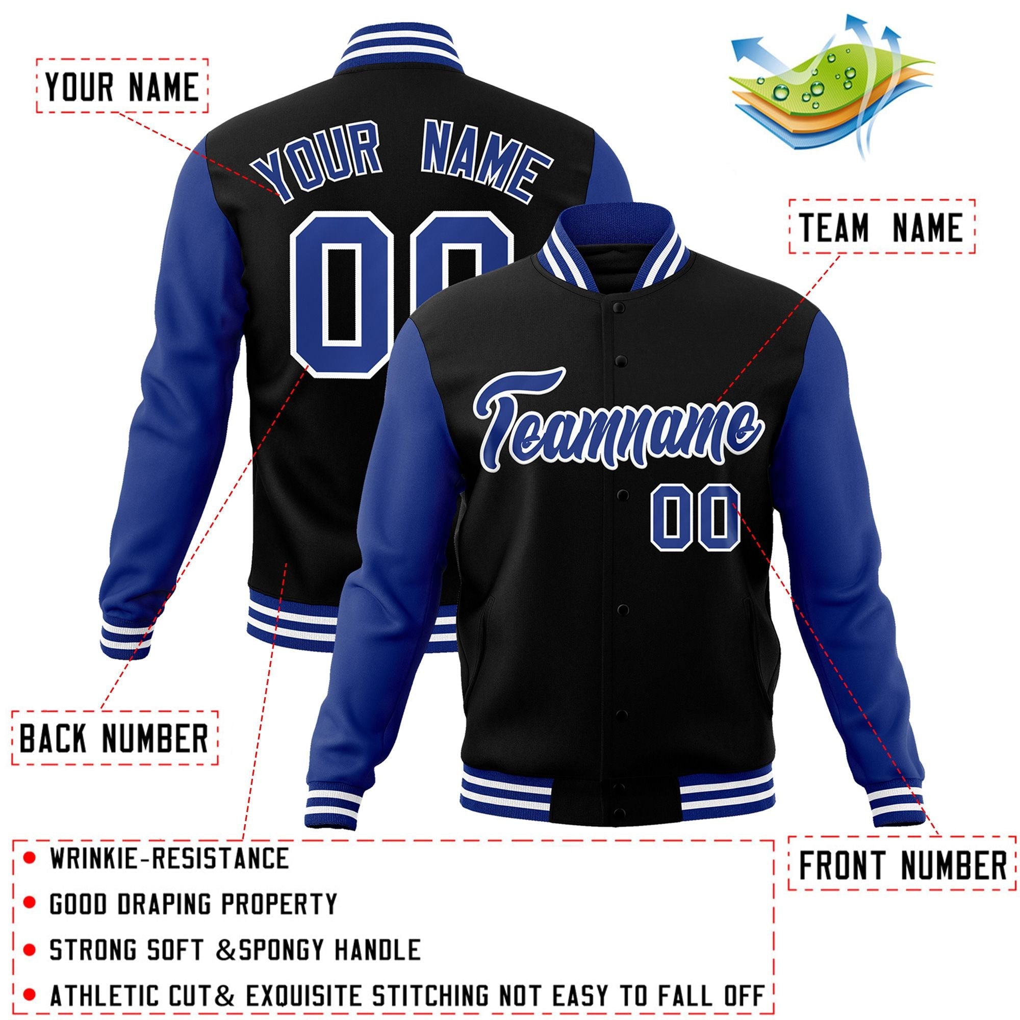 Custom Black Royal-White Raglan Sleeves Varsity Full-Snap Letterman Jacket