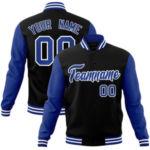 Custom Black Royal-White Raglan Sleeves Varsity Full-Snap Letterman Jacket