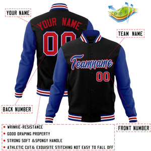 Custom Black Royal-White Raglan Sleeves Varsity Full-Snap Letterman Jacket