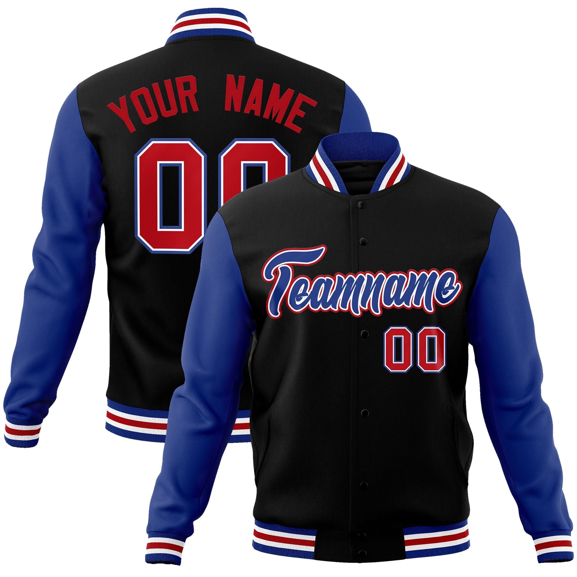 Custom Black Royal-White Raglan Sleeves Varsity Full-Snap Letterman Jacket