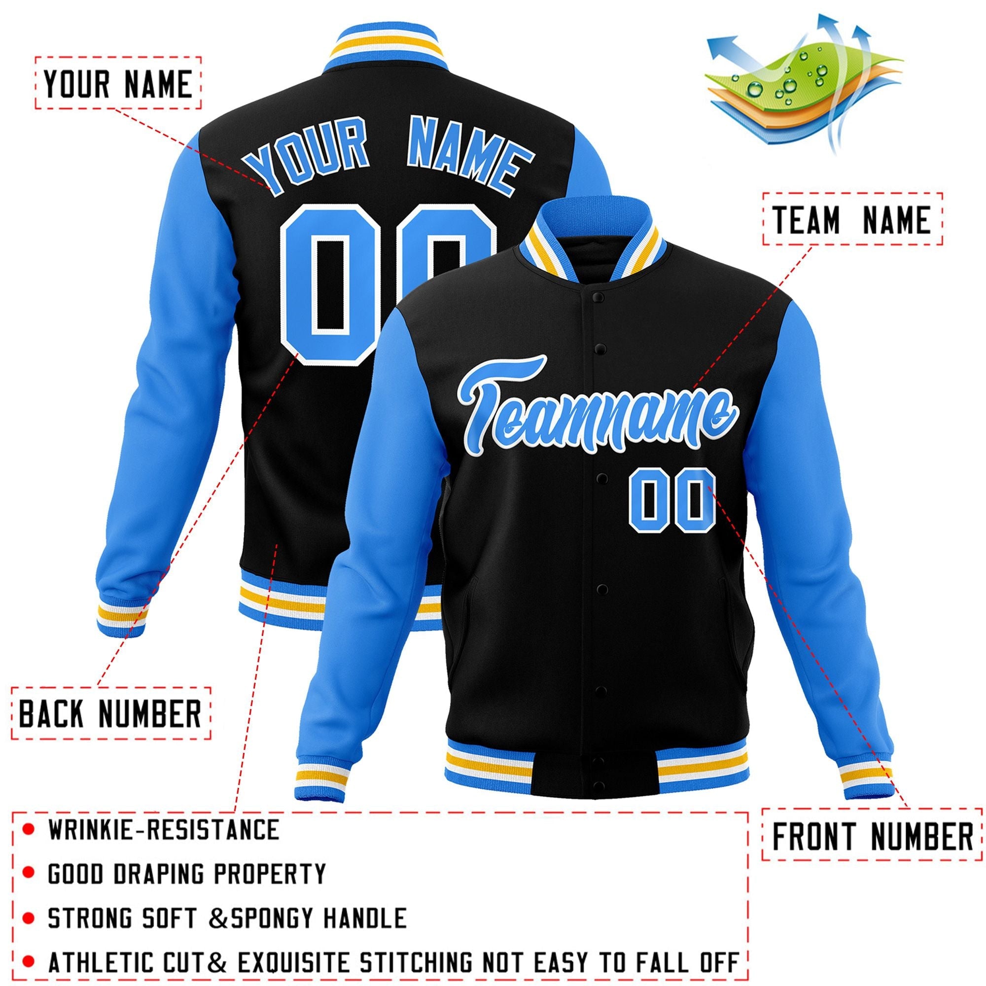 Custom Black Powder Blue-White Raglan Sleeves Varsity Full-Snap Letterman Jacket