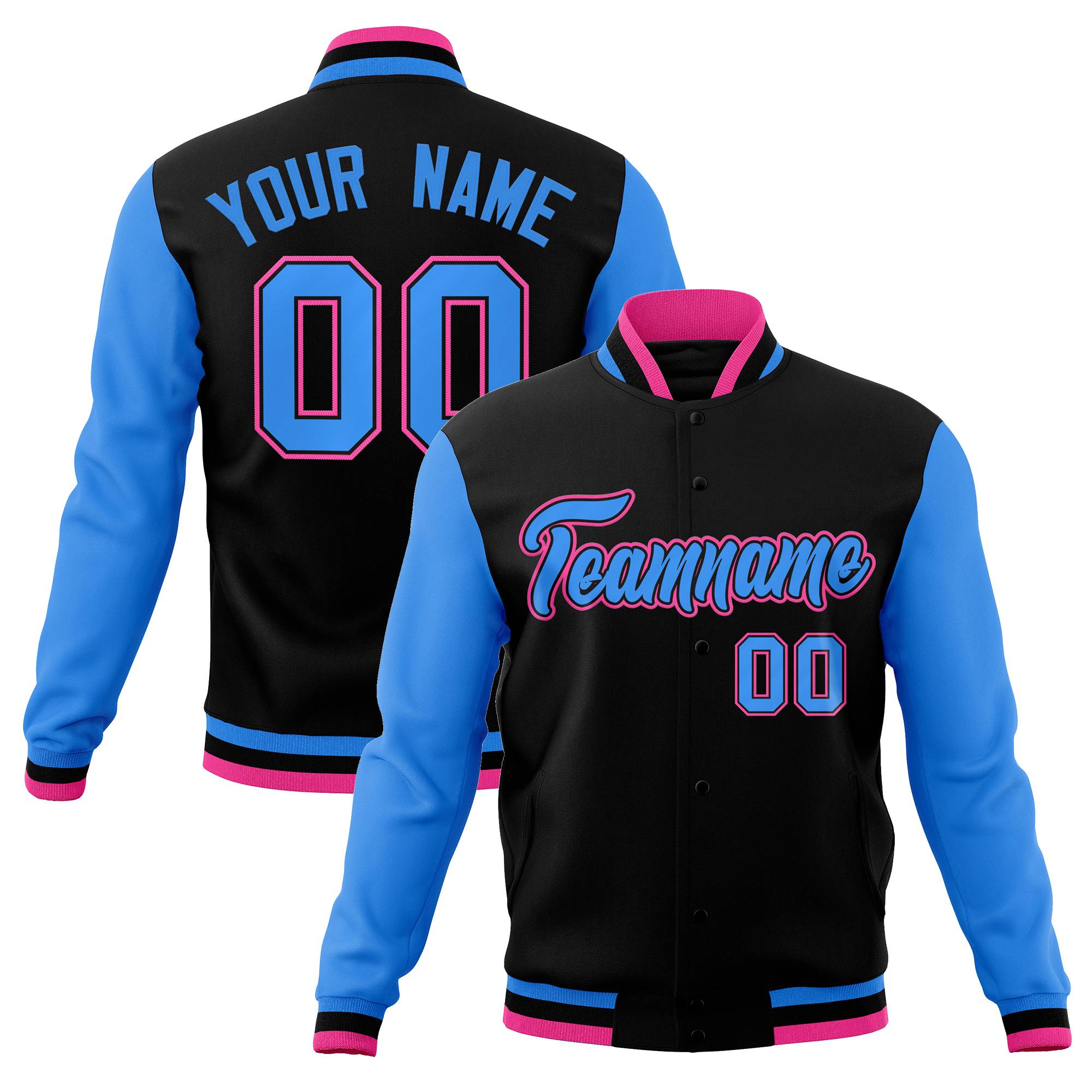 Custom Black Powder Blue-Black Raglan Sleeves Varsity Full-Snap Letterman Jacket