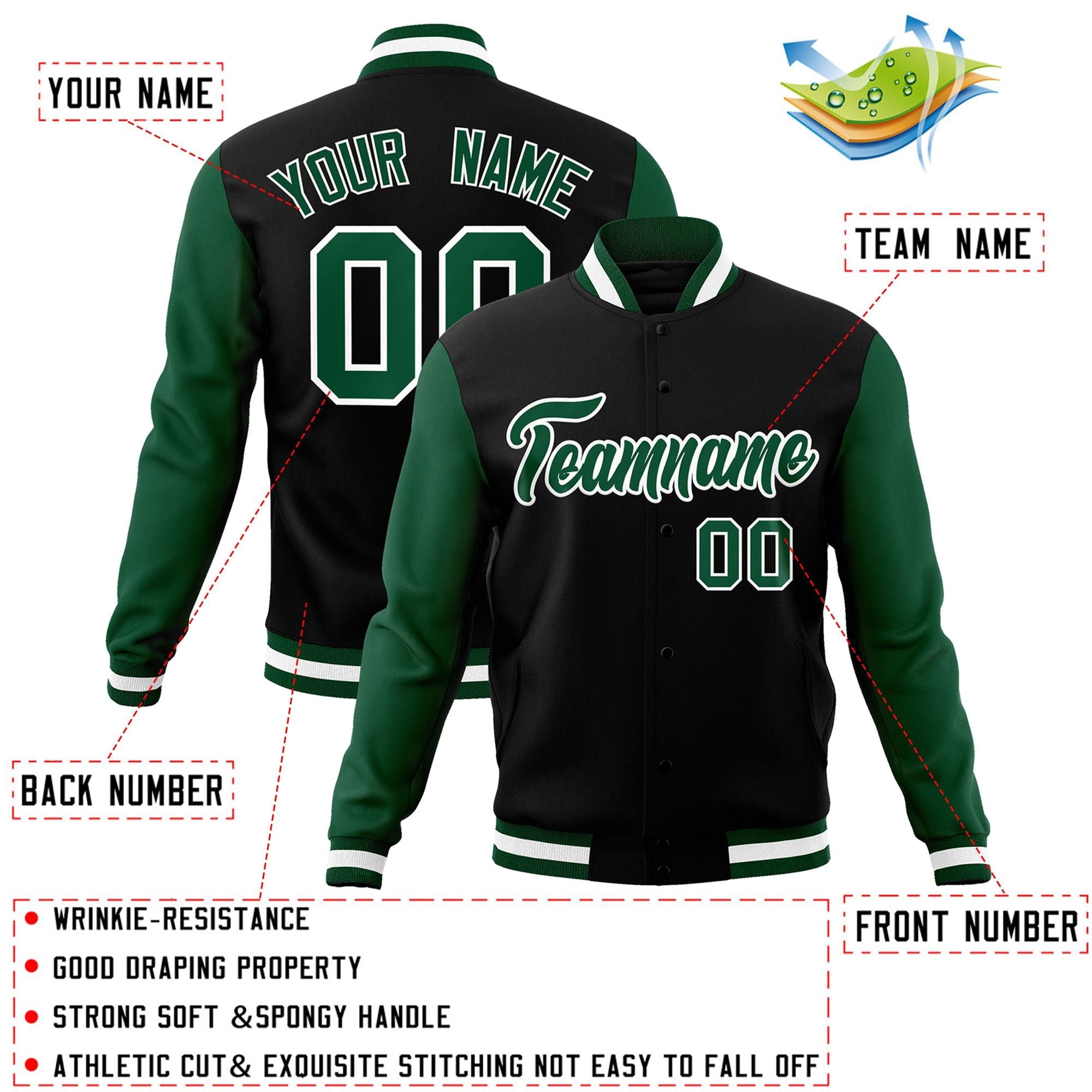 Veste Letterman Varsity Full-Snap à manches raglan personnalisées noir vert-blanc