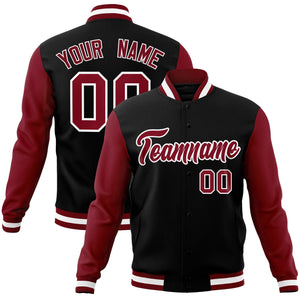 Custom Black Crimson-White Raglan Sleeves Varsity Full-Snap Letterman Jacket