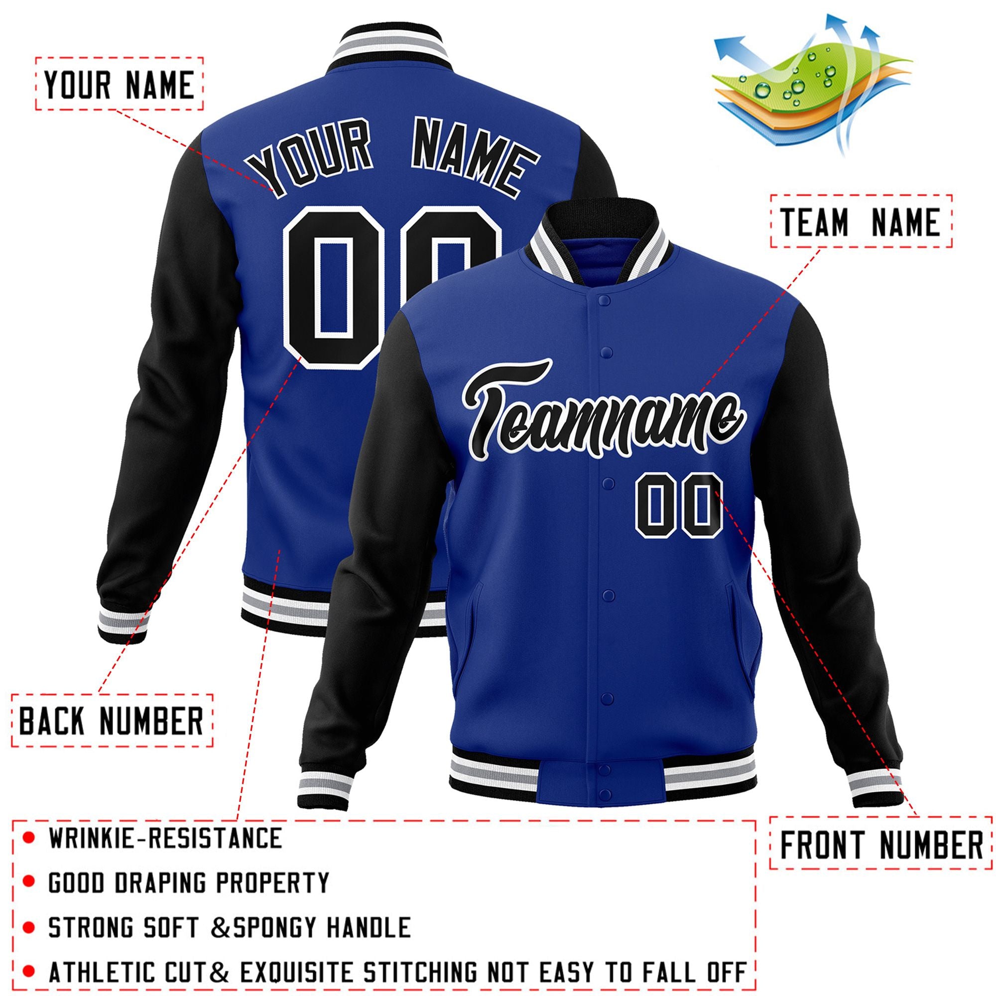 Custom Royal Black-White Raglan Sleeves Varsity Full-Snap Letterman Jacket