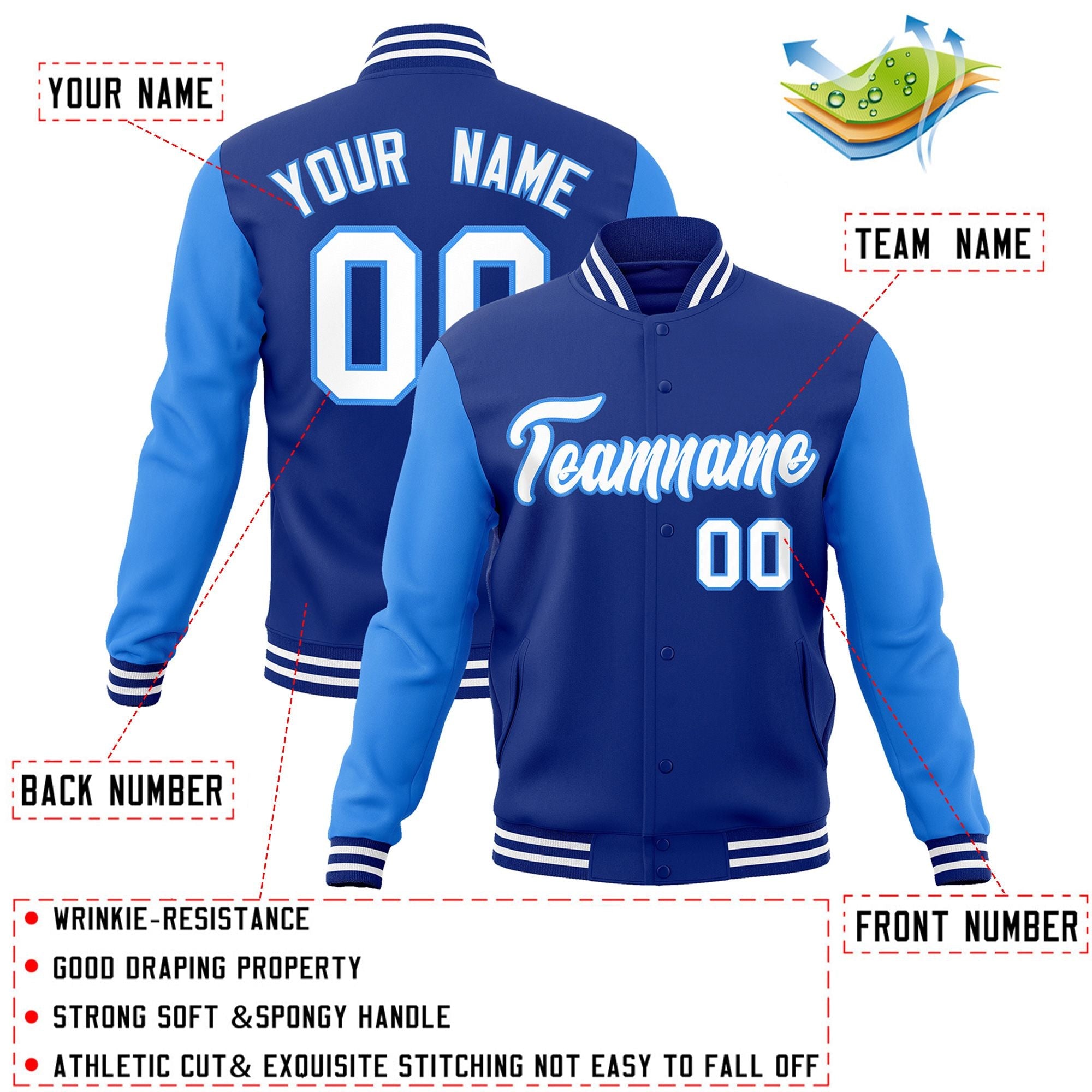 Veste Letterman Varsity Full-Snap Custom Royal White-Powder Blue à manches raglan