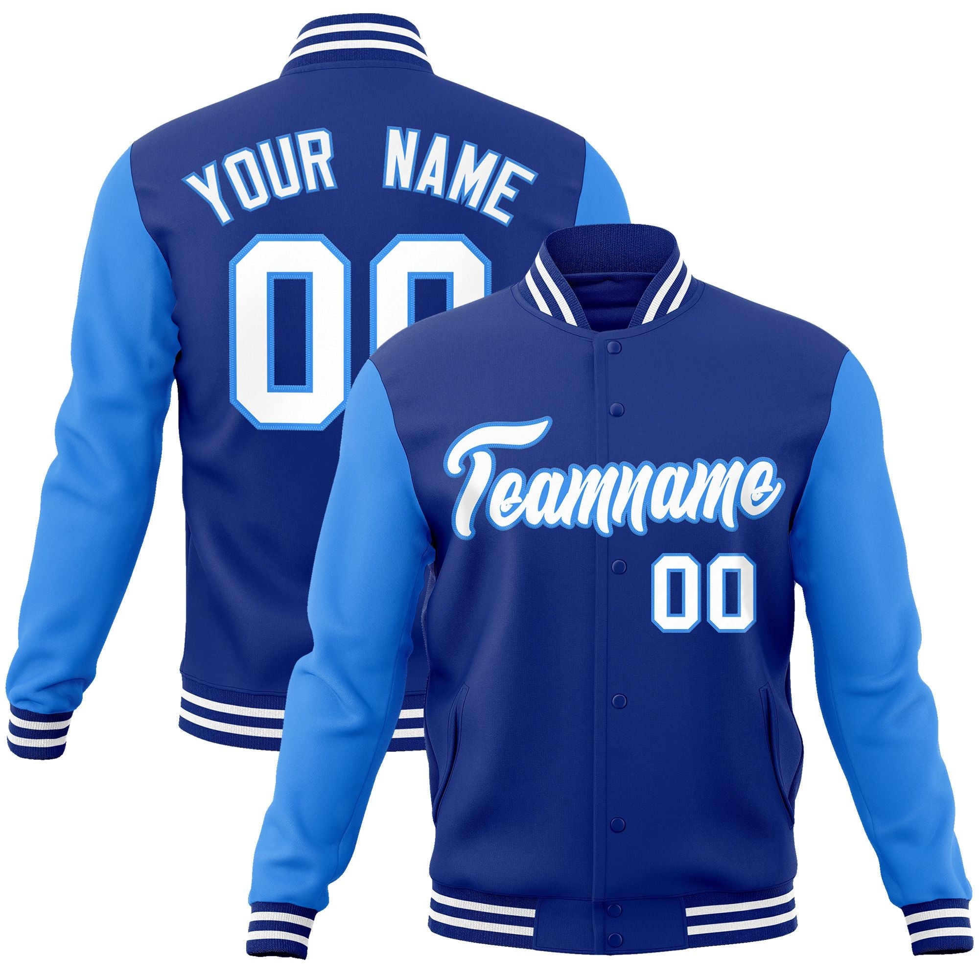 Custom Royal White-Powder Blue Raglan Sleeves Varsity Full-Snap Letterman Jacket