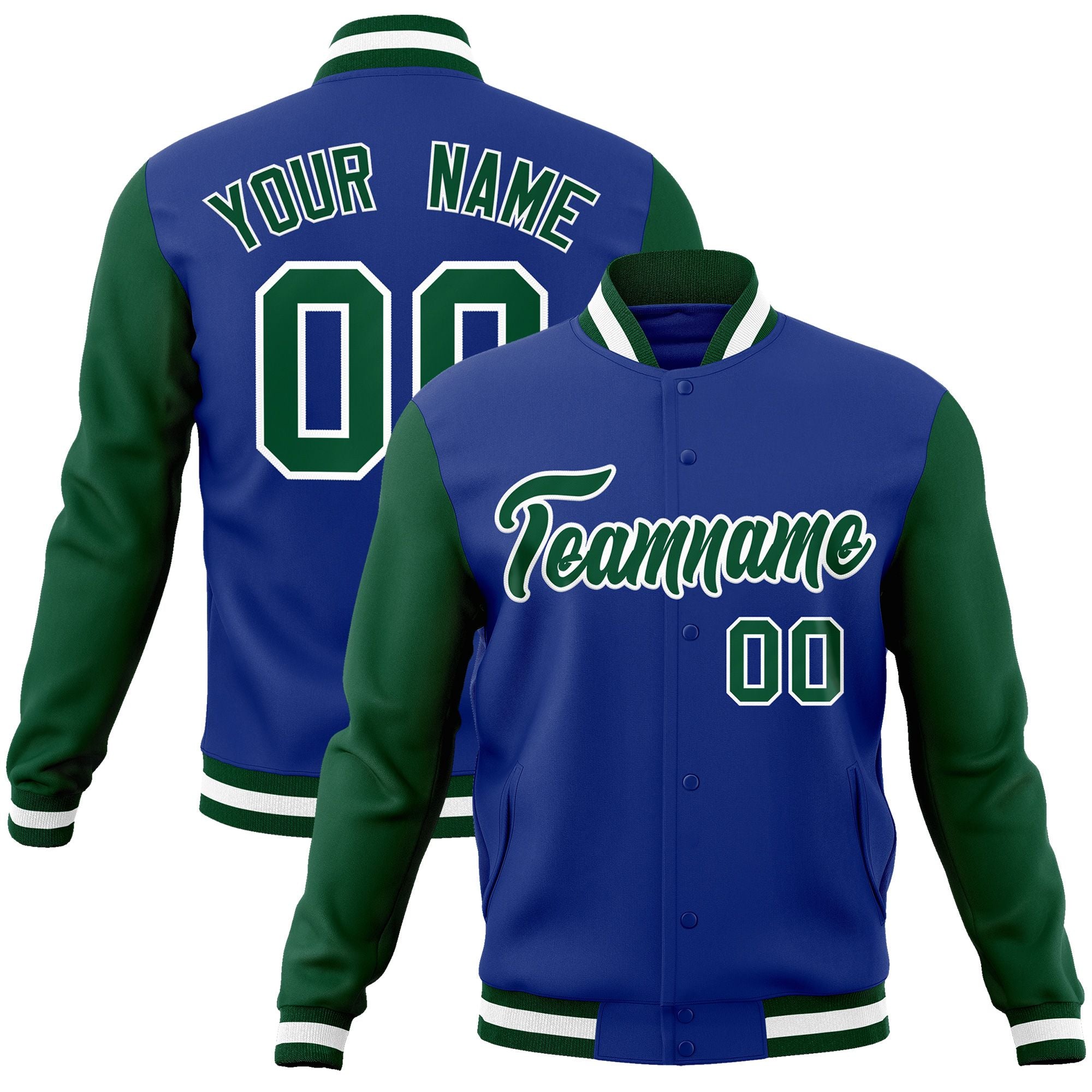 Custom Royal Green-White Raglan Sleeves Varsity Full-Snap Letterman Jacket