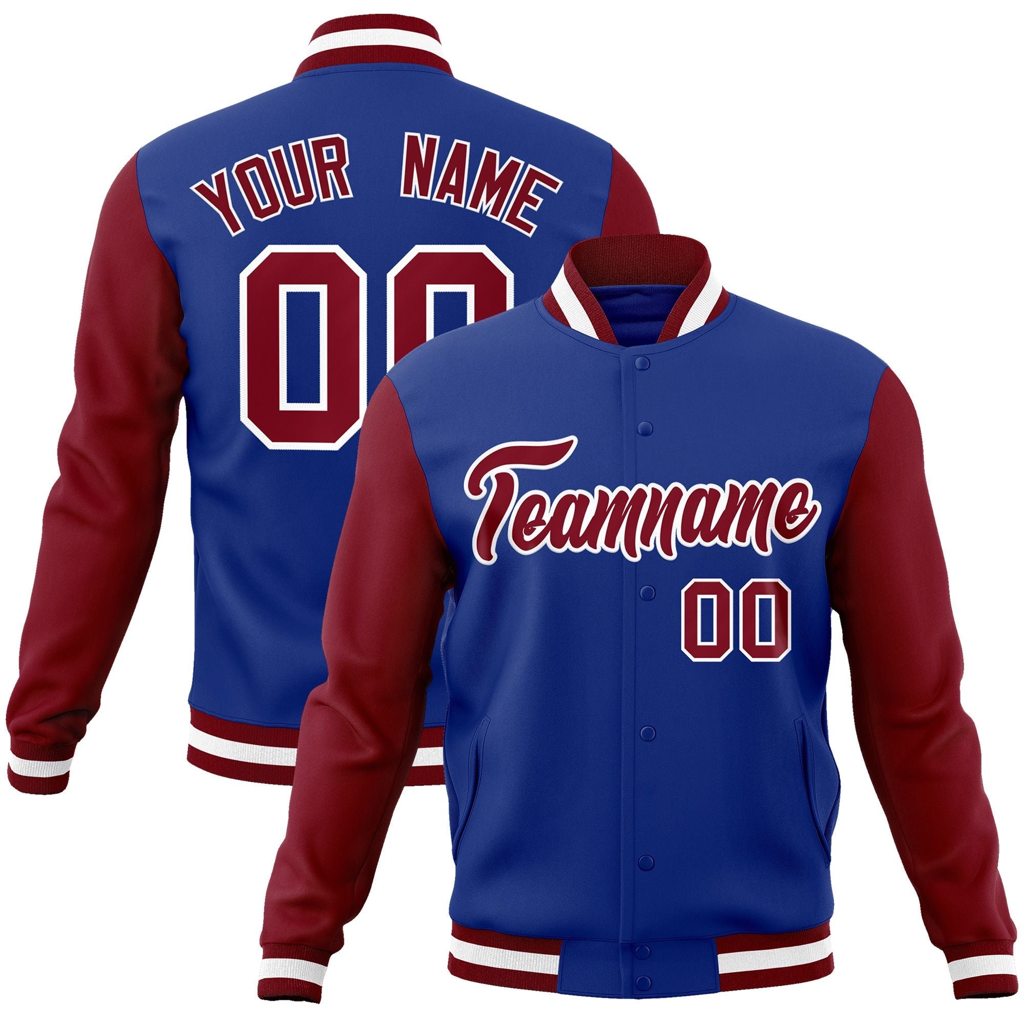 Custom Royal Crimson-White Raglan Sleeves Varsity Full-Snap Letterman Jacket