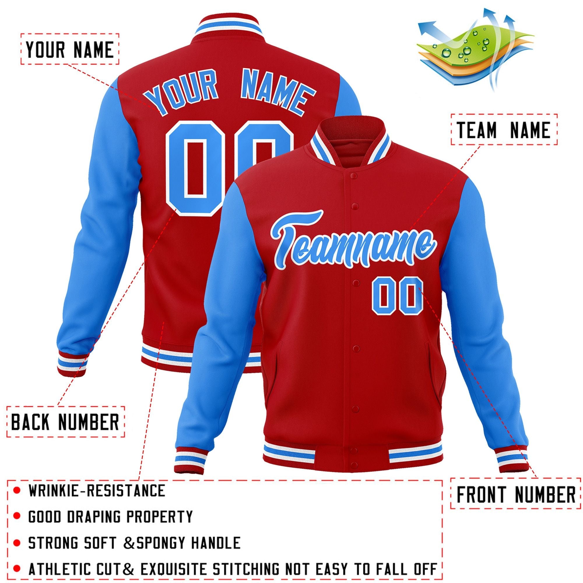 Custom Red Powder Blue-White Raglan Sleeves Varsity Full-Snap Letterman Jacket