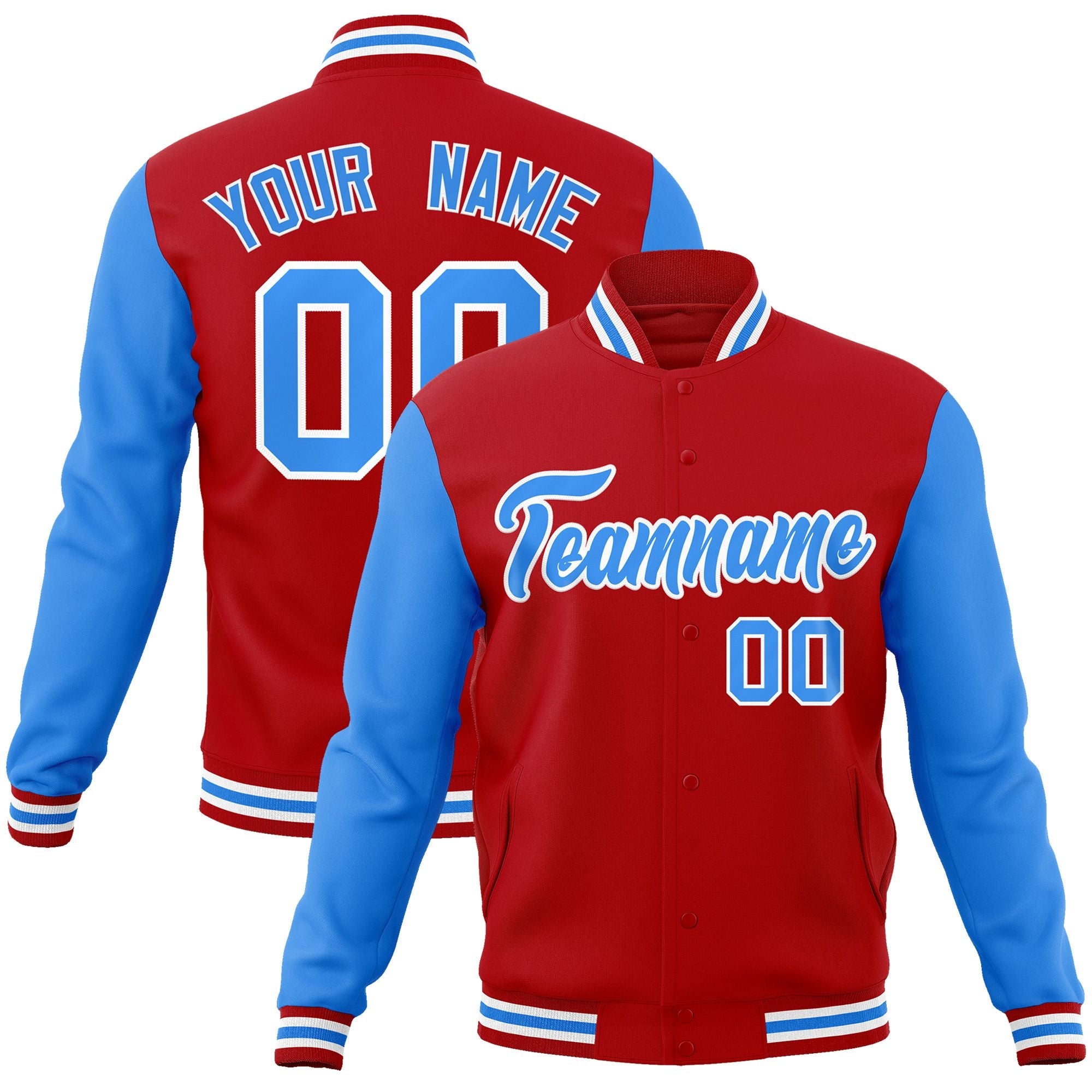 Custom Red Powder Blue-White Raglan Sleeves Varsity Full-Snap Letterman Jacket