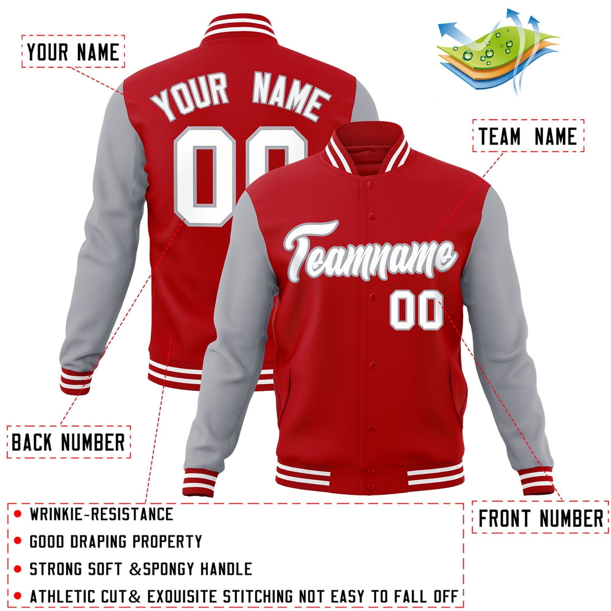 Veste Letterman Varsity Full-Snap à manches raglan rouge blanc-gris personnalisée