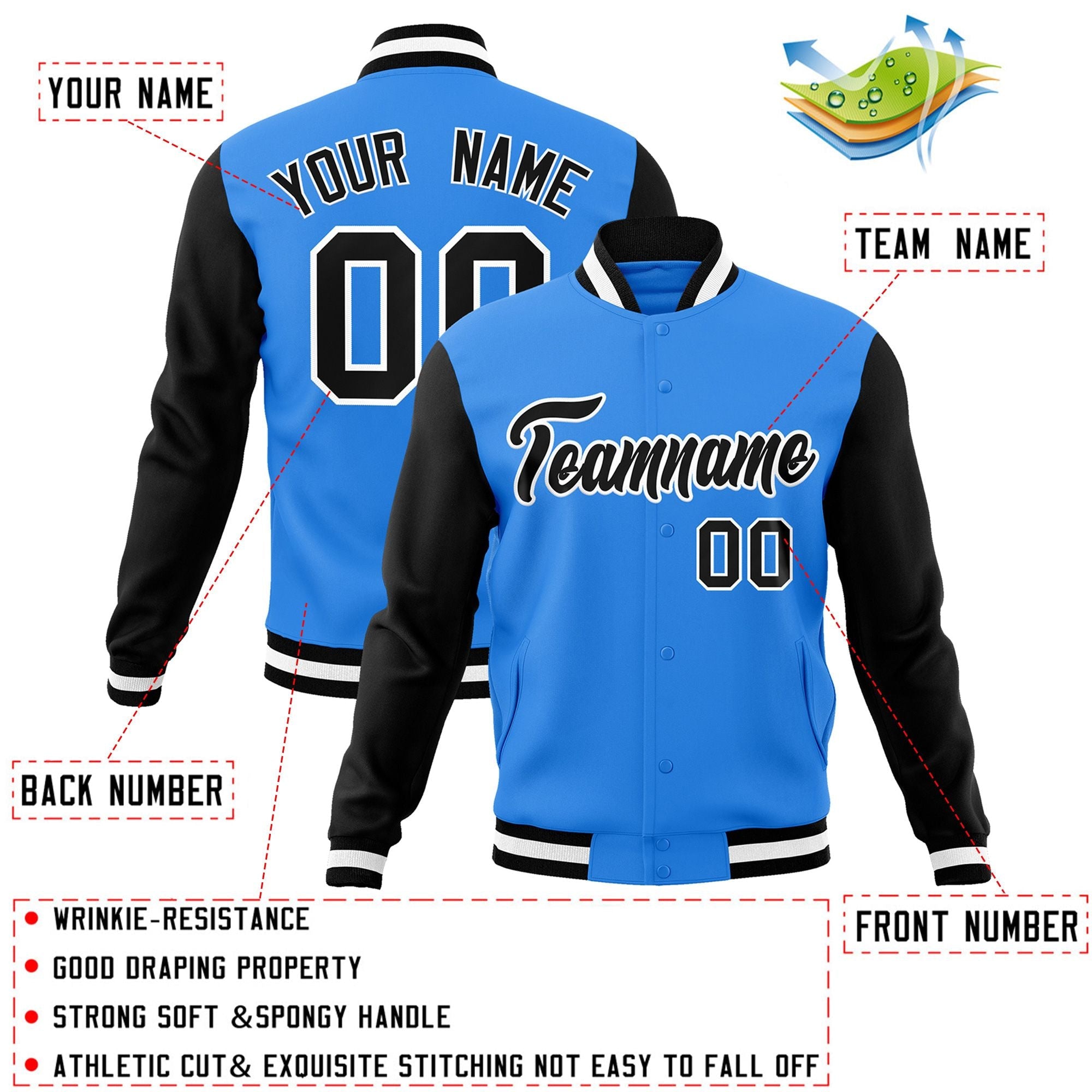 Custom Powder Blue Black-White Raglan Sleeves Varsity Full-Snap Letterman Jacket