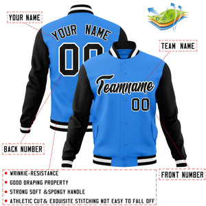 Custom Powder Blue Black-White Raglan Sleeves Varsity Full-Snap Letterman Jacket