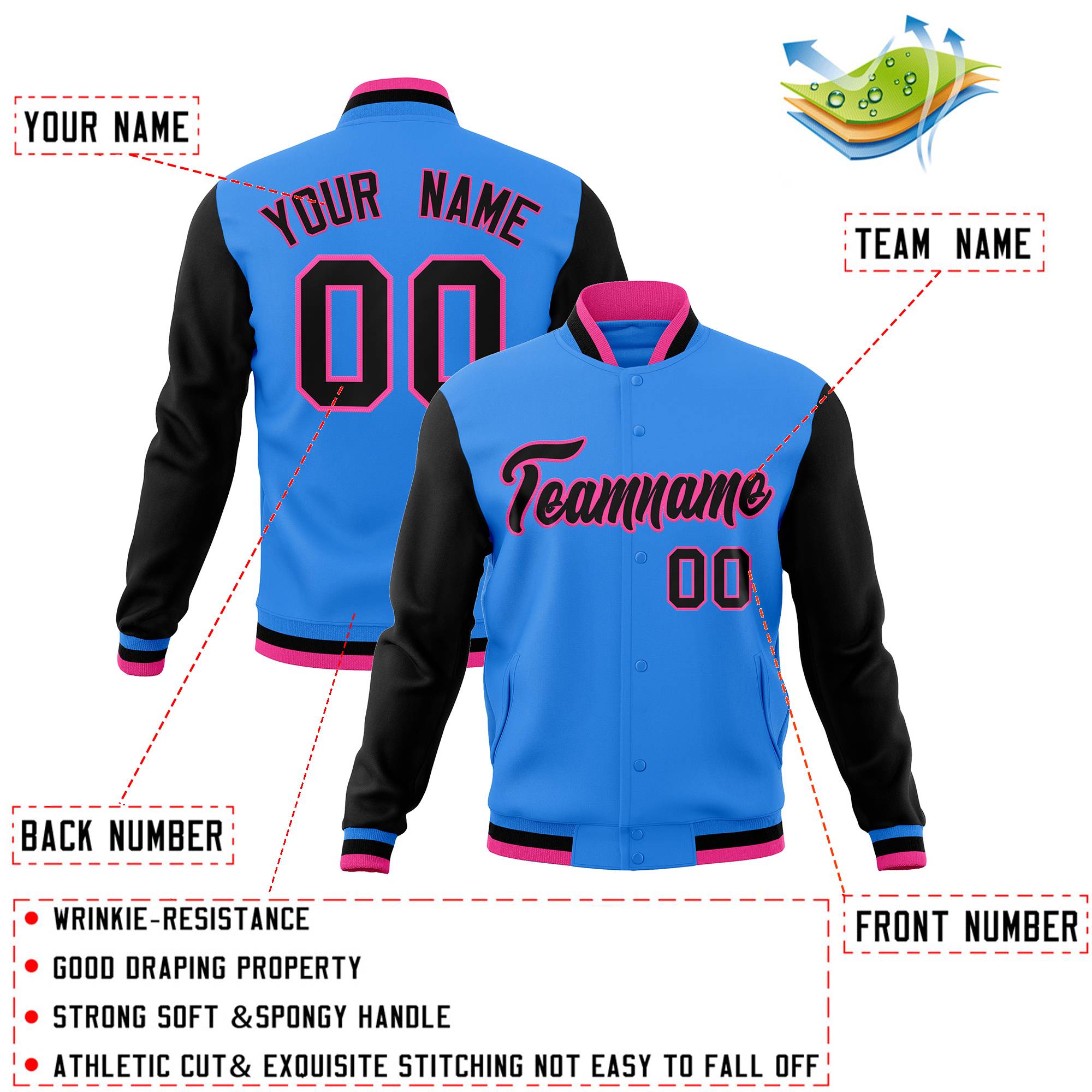 Custom Powder Blue Black-Pink Raglan Sleeves Varsity Full-Snap Letterman Jacket