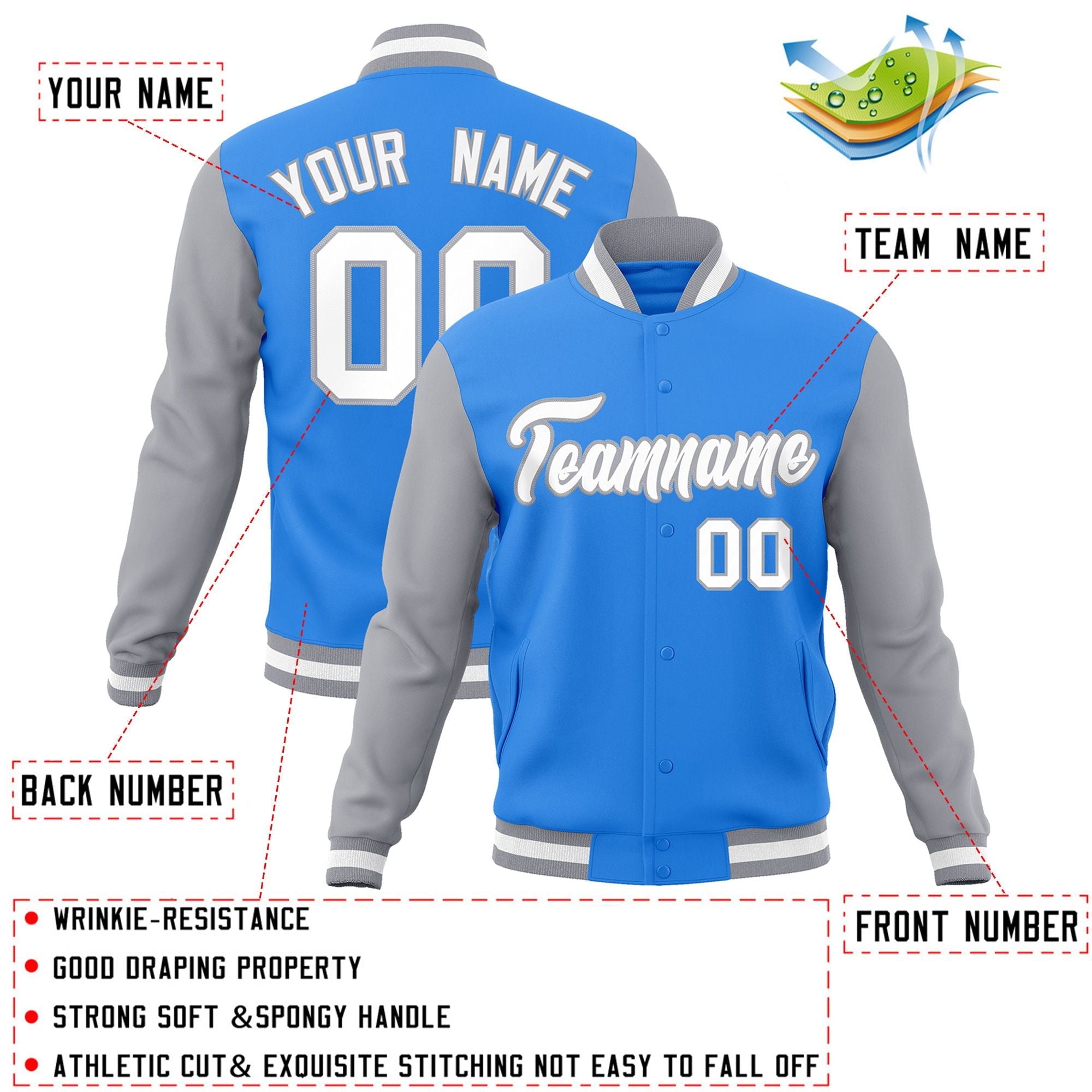 Veste Letterman Varsity Full-Snap à manches raglan bleu poudre blanc-gris personnalisée