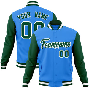 Custom Powder Blue Green-White Raglan Sleeves Varsity Full-Snap Letterman Jacket