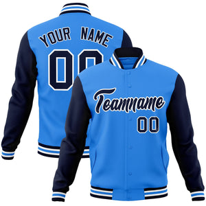 Custom Powder Blue Navy-White Raglan Sleeves Varsity Full-Snap Letterman Jacket