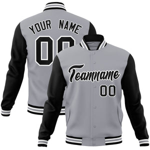 Custom Gray Black-White Raglan Sleeves Varsity Full-Snap Letterman Jacket