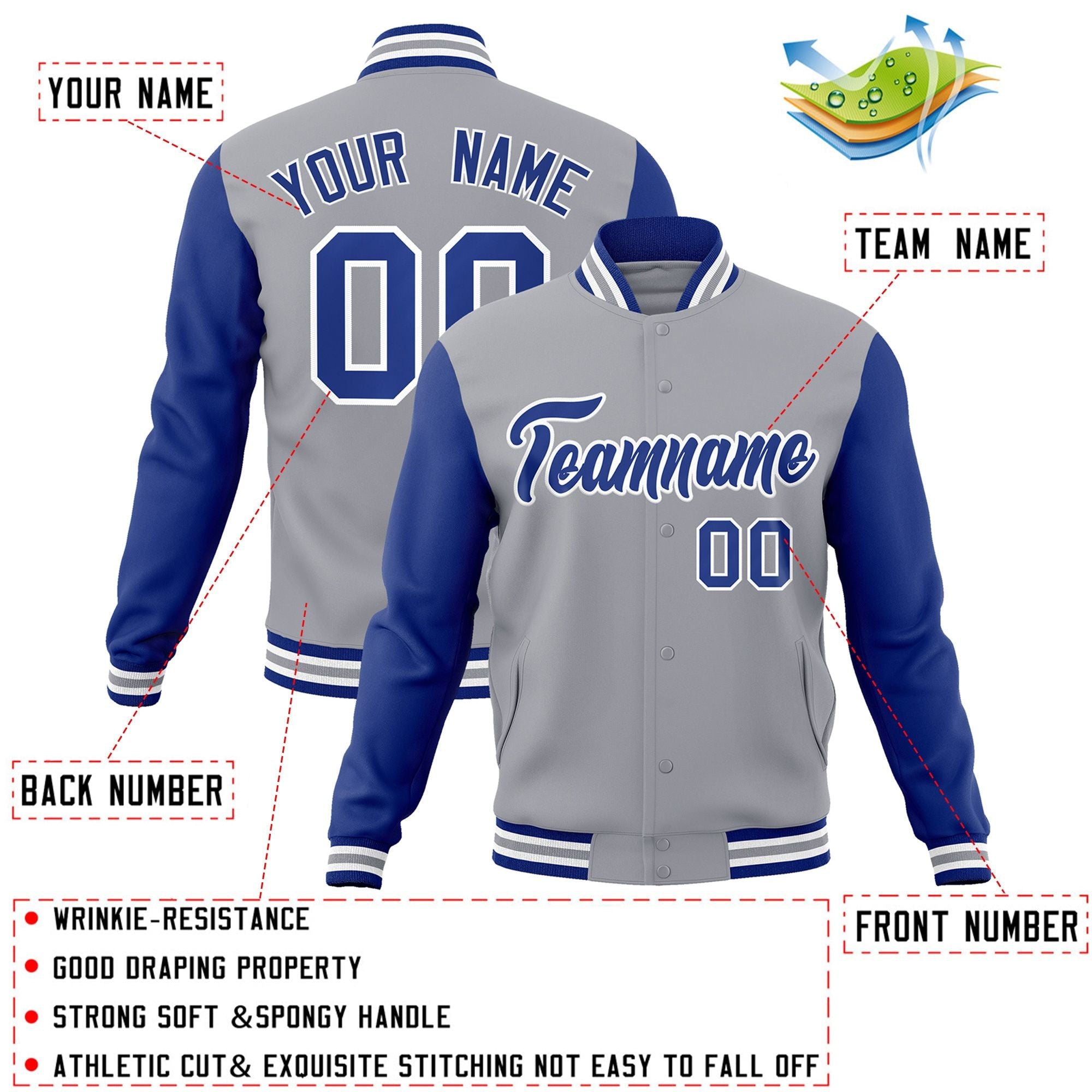 Veste Letterman Varsity Full-Snap à manches raglan gris royal-blanc personnalisée