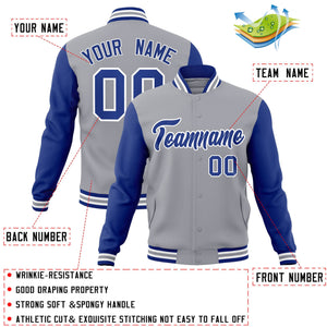 Custom Gray Royal-White Raglan Sleeves Varsity Full-Snap Letterman Jacket