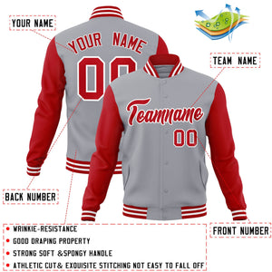 Custom Gray Red-White Raglan Sleeves Varsity Full-Snap Letterman Jacket