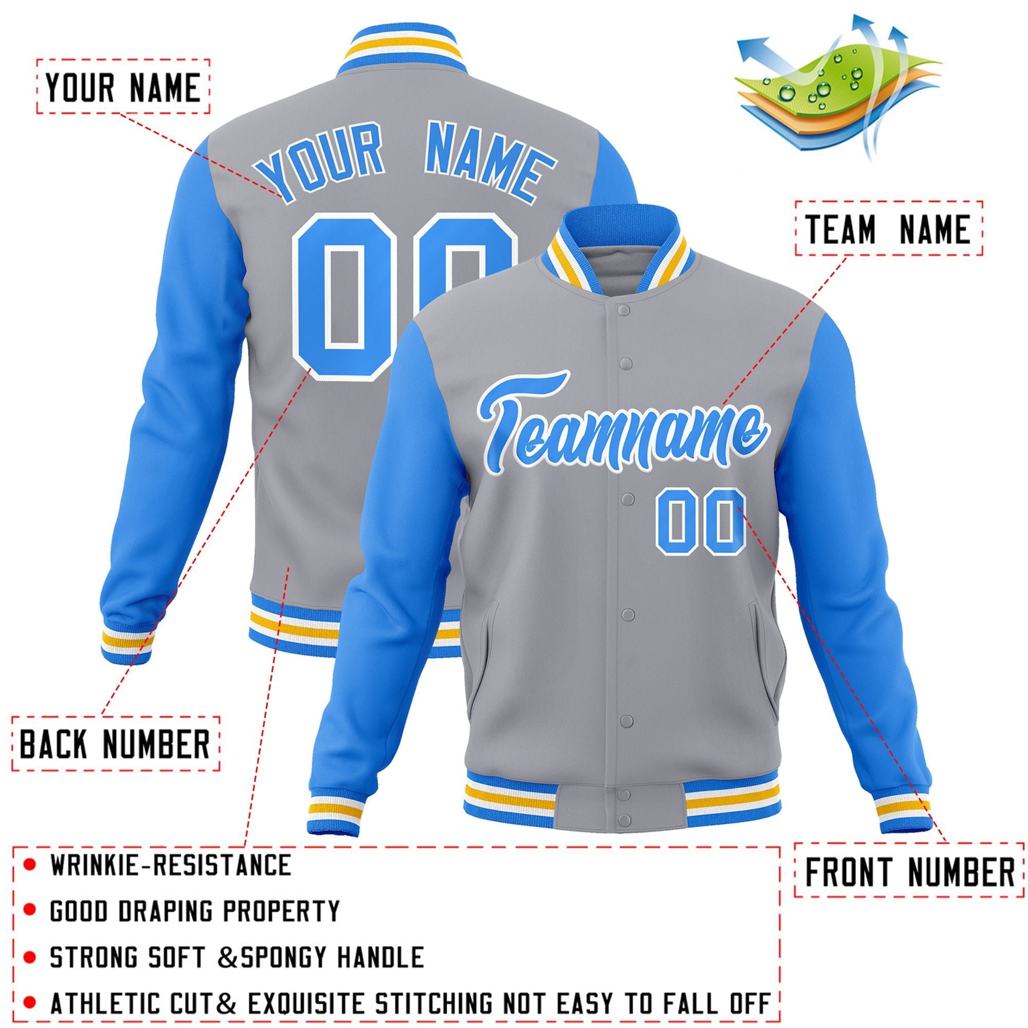 Custom Gray Powder Blue-White Raglan Sleeves Varsity Full-Snap Letterman Jacket