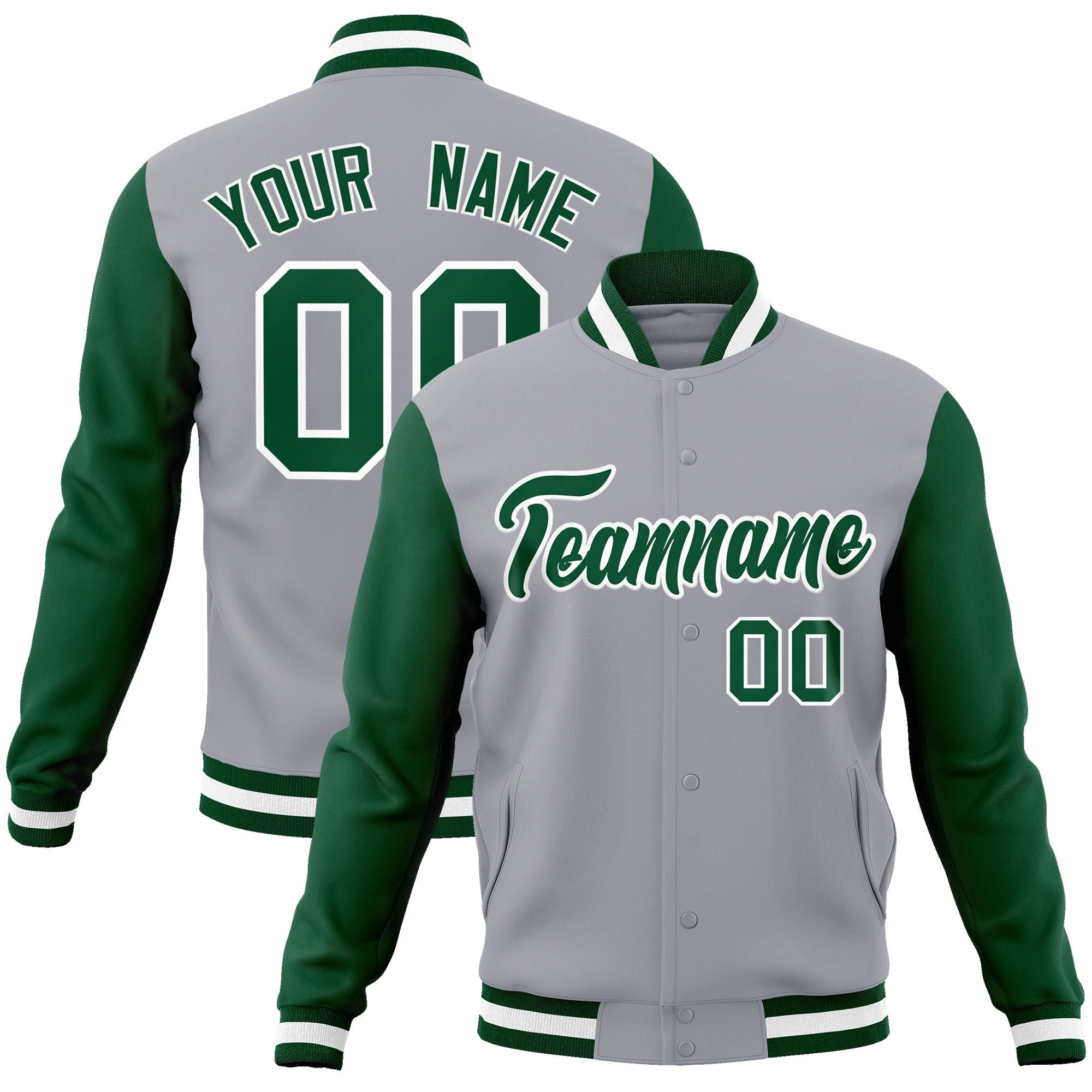 Custom Gray Green-White Raglan Sleeves Varsity Full-Snap Letterman Jacket