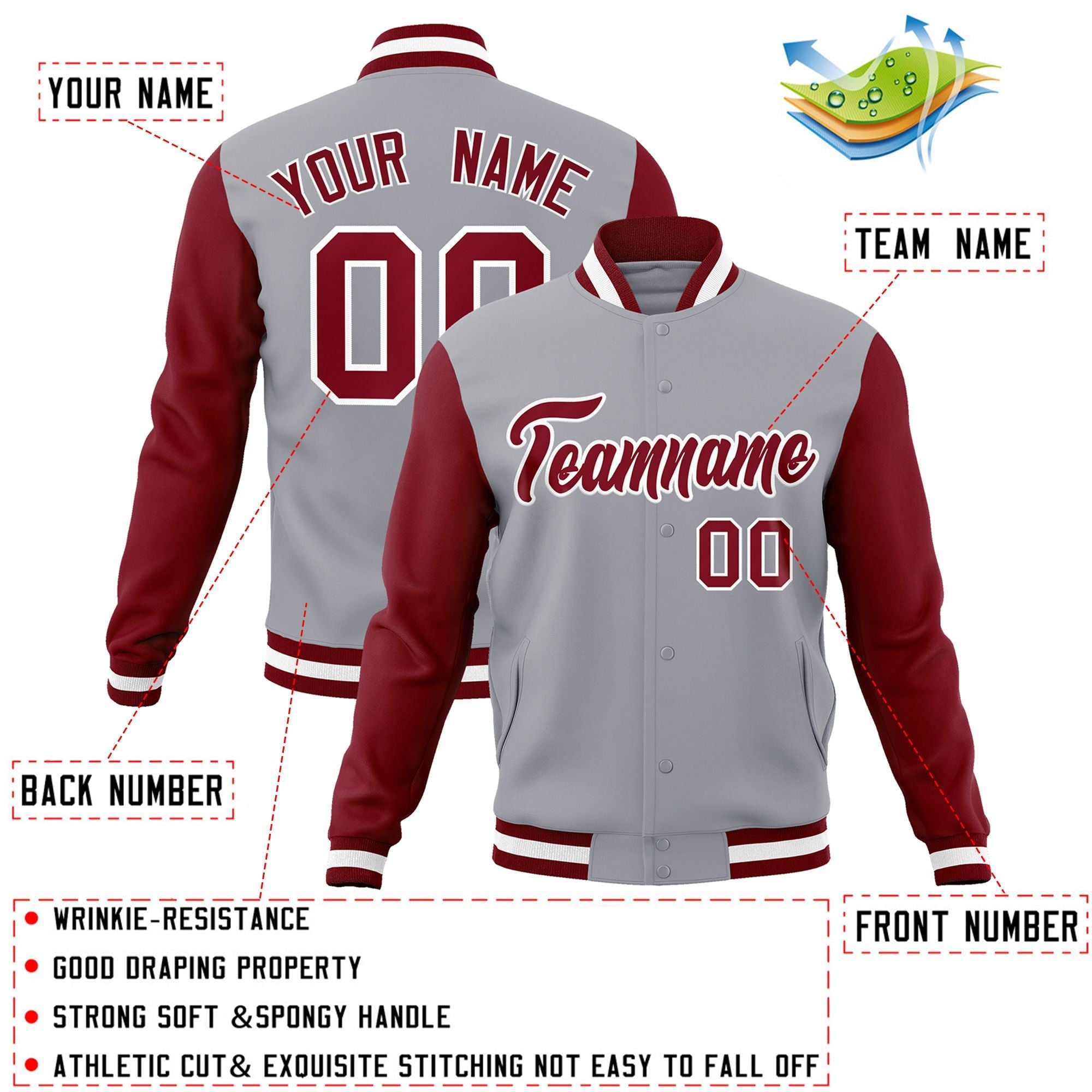 Veste Letterman universitaire à manches raglan gris cramoisi-blanc personnalisée