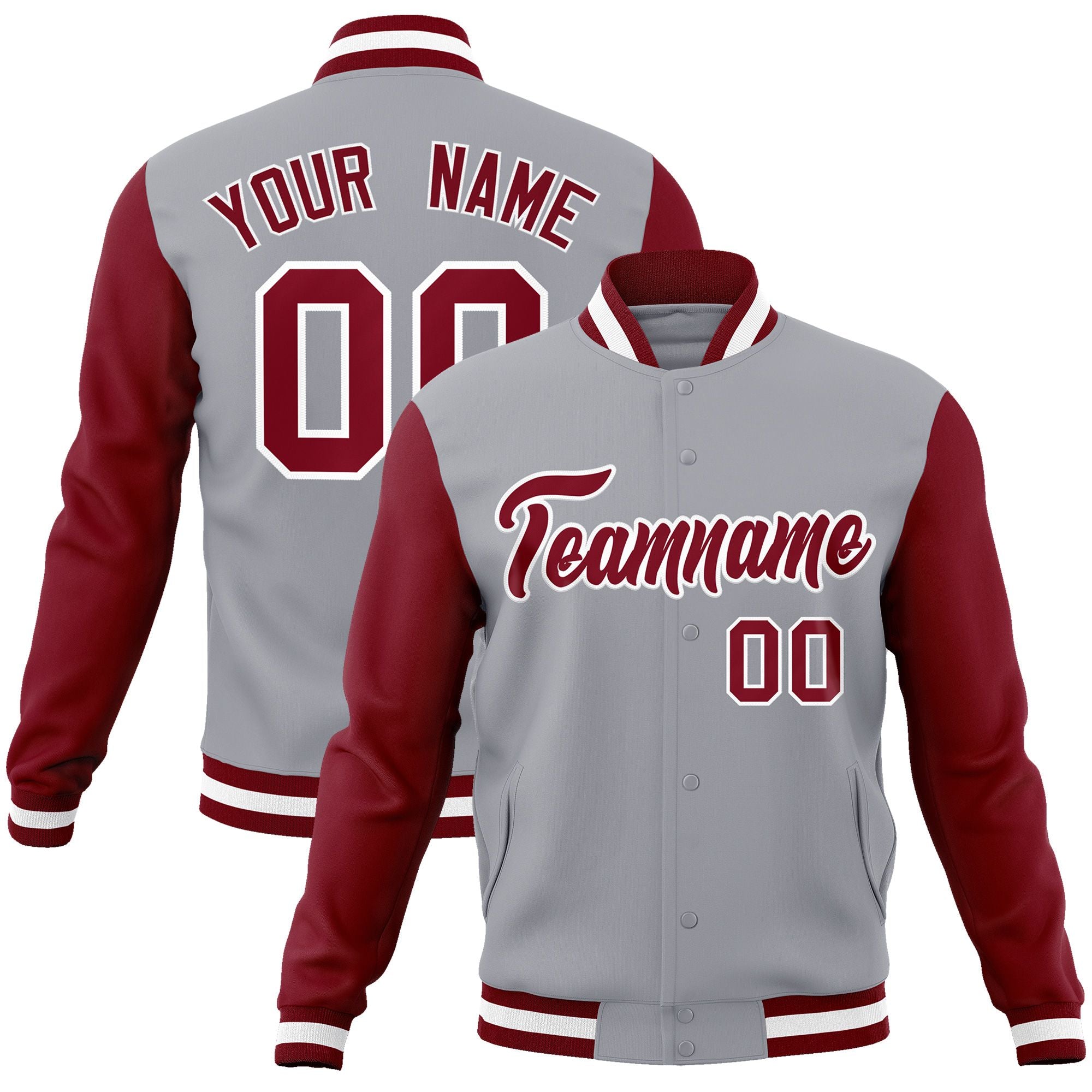 Custom Gray Crimson-White Raglan Sleeves Varsity Full-Snap Letterman Jacket