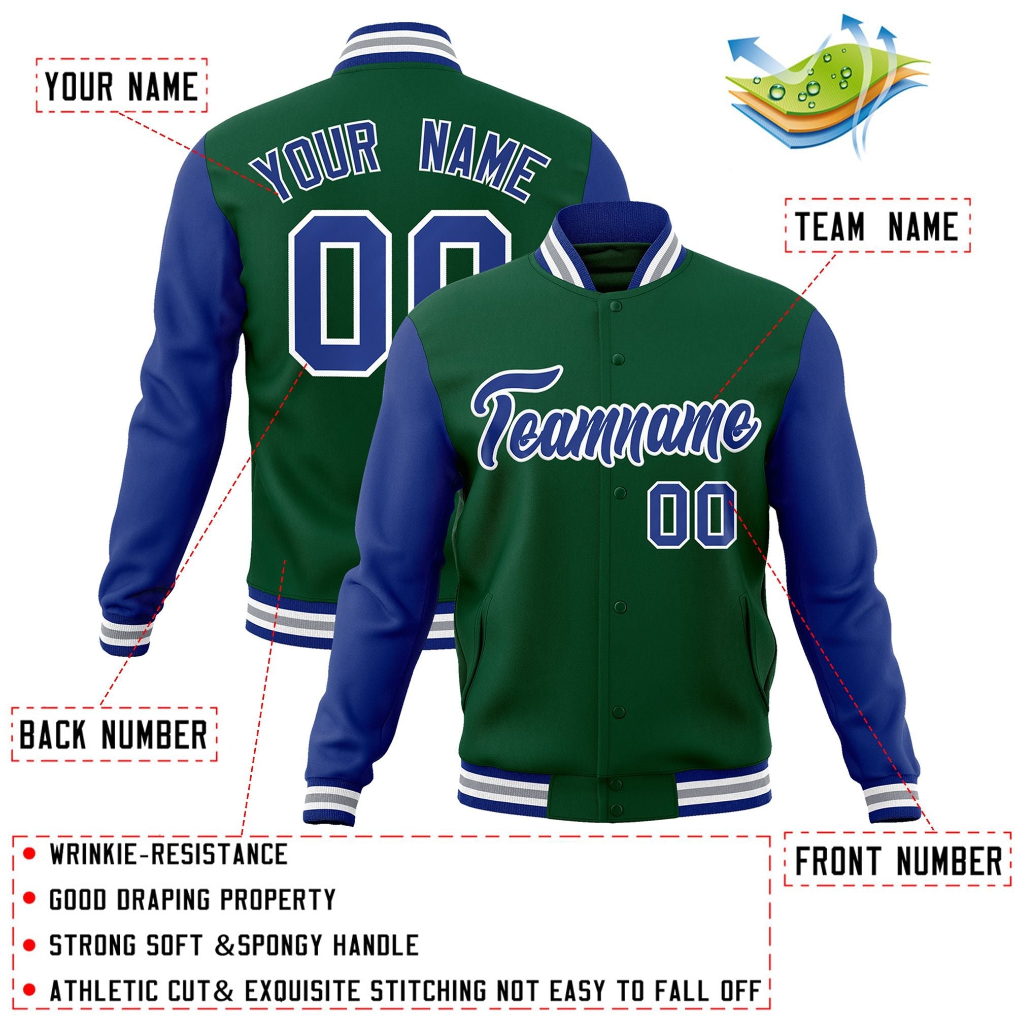 Veste Letterman Varsity Full-Snap à manches raglan vert royal-blanc personnalisée