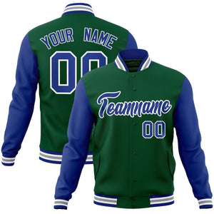 Custom Green Royal-White Raglan Sleeves Varsity Full-Snap Letterman Jacket