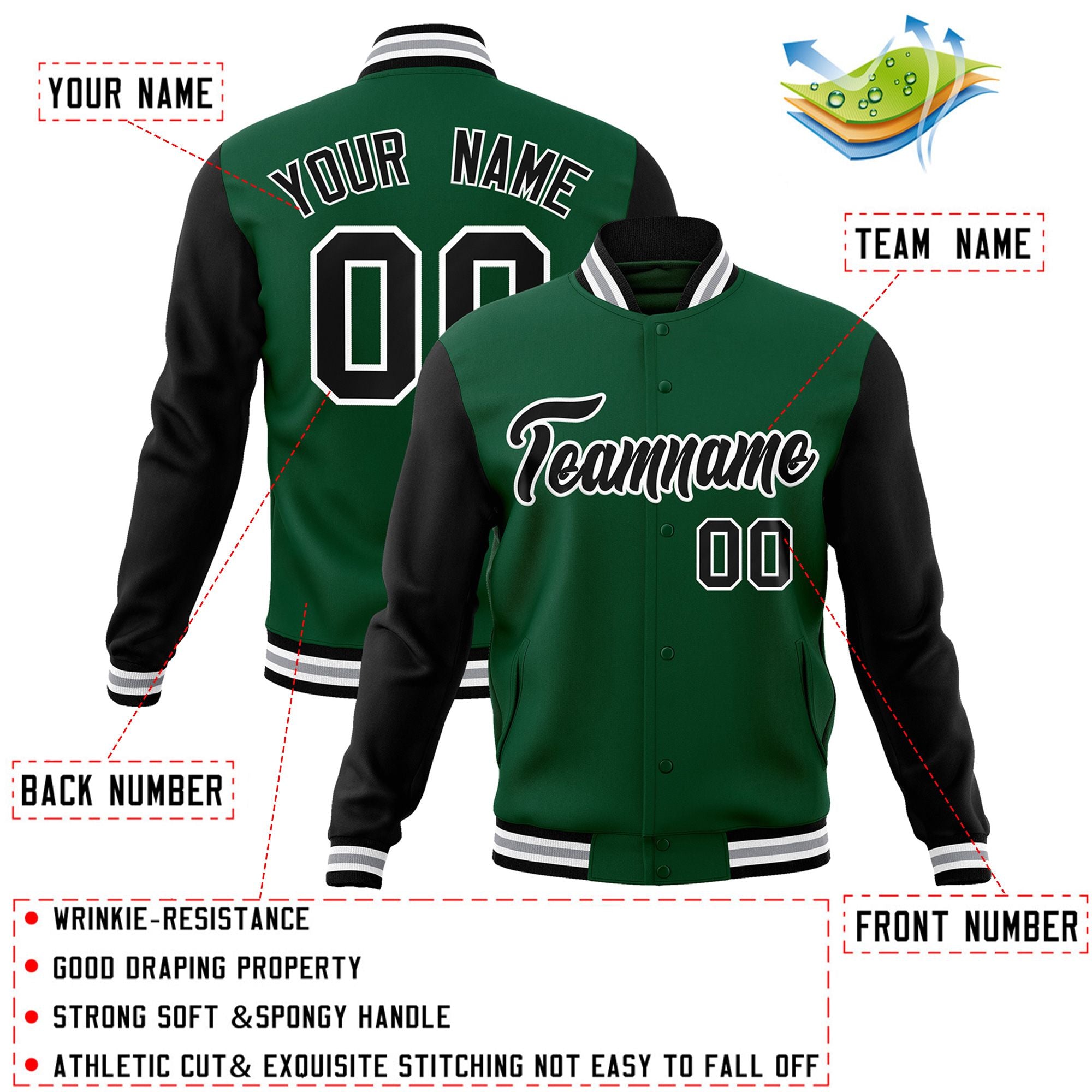 Custom Green Black-White Raglan Sleeves Varsity Full-Snap Letterman Jacket