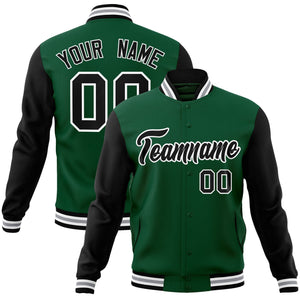 Custom Green Black-White Raglan Sleeves Varsity Full-Snap Letterman Jacket